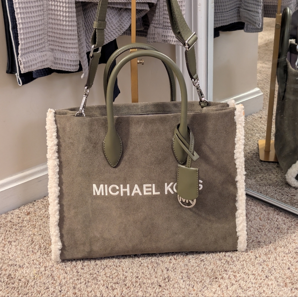 MICHAEL KORS Olive Suede Shearling Trim Large Tote NWT